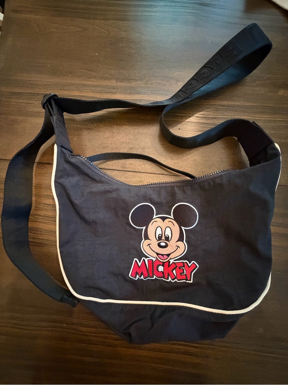 Disney x BAGGU Black Crossbody Bag with Mickey Embroidery and White Piping